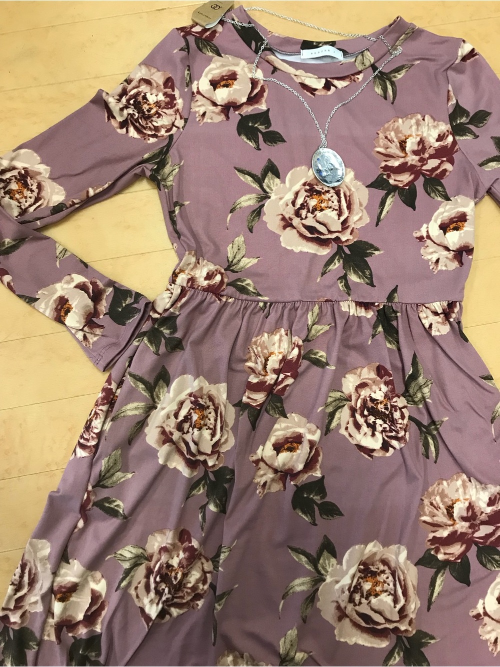Women’s Mauve Floral Midi Dress with Long Sleeves and pockets
